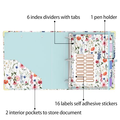 3 Ring Binder 2 Inch Round Ring Binder with 6 Tab Dividers，Cute Clipboard with Storage(Wild Flowers) - color: Wild Flowers, size: 2" Binder with Dividers