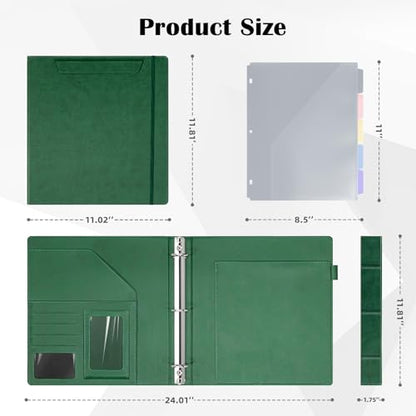 Ospelelf Green Leather 3 Ring Binder 1 Inch Round Ring, Magnetic Clipboard Folio with Storage Zipper Pouch, 5 Dividers with 10 Pockets, Professional Binder for School Office Nursing - color: Green