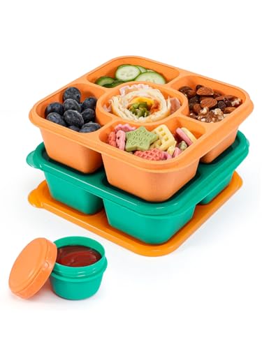 Original Lunchable Snack Containers - 5 Compartments Bento Snack Boxes with 1 Leakproof Small Containers, Wheat Straw, BPA-Free, Set of 2 (Cyan+Orange) - color: Cyan+Orange