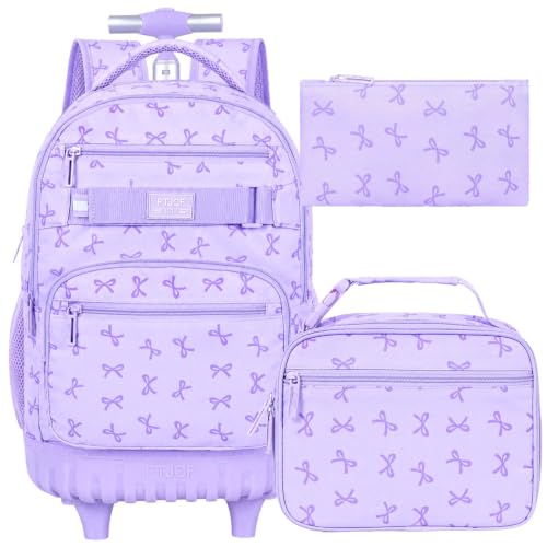 gxtvo Girls Rolling Backpack, Women Roller Bookbag with Lunch Box for Adults, Water Resistant Wheeled School Bag for College Teens Kids Travel - Purple Bow - color: Girls Rolling Backpack Bow Purple