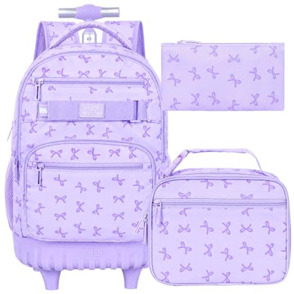gxtvo Girls Rolling Backpack, Women Roller Bookbag with Lunch Box for Adults, Water Resistant Wheeled School Bag for College Teens Kids Travel - Purple Bow - color: Girls Rolling Backpack Bow Purple