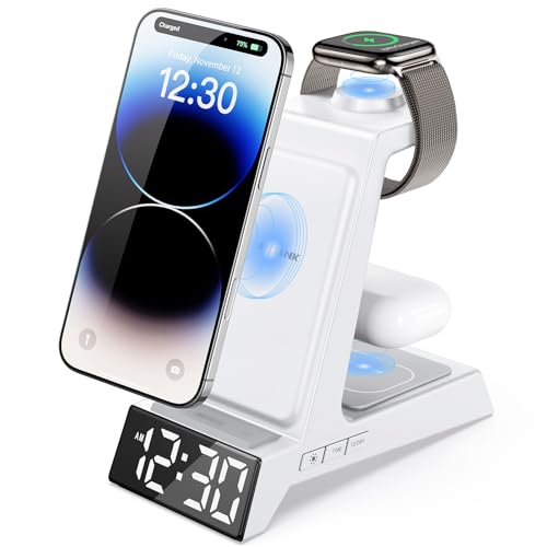 ANJANK 4 in 1 Alarm Clock with Wireless Charging, Wireless Charger Station for Multiple Devices Apple,Charging Dock for iPhone 17 16 15 14 13 12 Pro Max Series, Apple Watch, AirPods Pro 3/Pro 2/4/3/2 - color: White