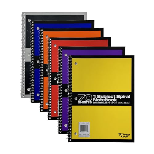 three leaf 70 Sheets College Ruled 8" X 10 1/2" Spiral Notebook, Pack of 6, 1 Subject, Assorted Colors, Spiral Notebook For Student Office - color: College Ruled, size: Pack of 6