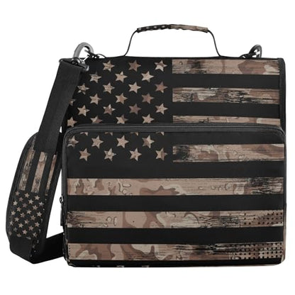 Fisyme American Flag Camouflage Zipper Binder 3 Ring with Zipper and Shoulder Strap Large Capacity Multi-Pocket Binder Organizer - color: Multi-brown Camo