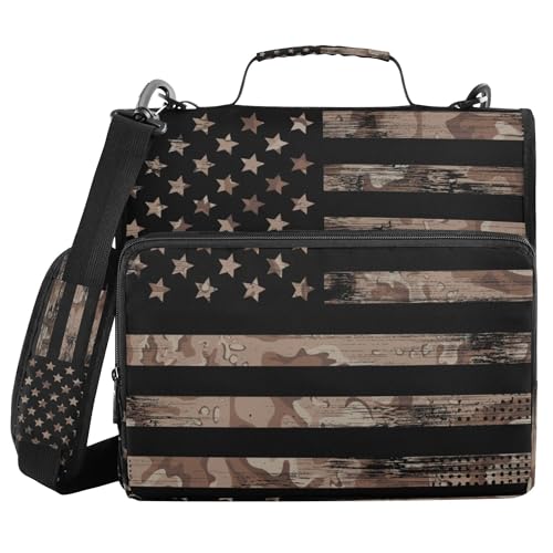 Fisyme American Flag Camouflage Zipper Binder 3 Ring with Zipper and Shoulder Strap Large Capacity Multi-Pocket Binder Organizer - color: Multi-brown Camo