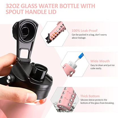 MUKOKO 24oz Glass Water Bottle, Pink | Glass Tumbler with Straw, Drinking Bottles with 2 Lids-Handle Spout Lid & Bamboo Straw Lid, Silicone Sleeve, 1 Pack - color: Pink, size: 24 Ounces