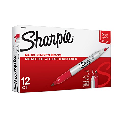 Sharpie Twin Tip Permanent Markers, Fine and Ultra Fine, Red, 12 Count - color: Red