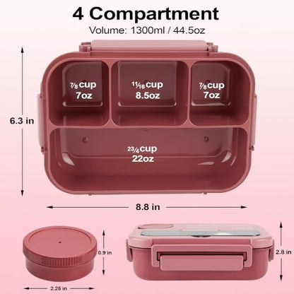 Bento Box Adult Lunch Box, Lunch Containers for Adults 44.5 Oz/5 Cup, Pink | BPA-Free, Lid-Top Sauce Tray, Leak-Proof, 1300mL, Removable Silicone Sealing Ring, Lid-Top Utensil Slot with Included Cutlery - color: Pink