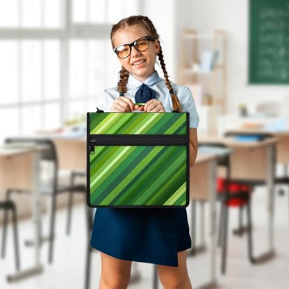 Green Stripe Zipper Binder, 3 D-Ring Expanding File Folder with Handle & Adjustable Shoulder Strap, 400 Sheets Capacity Multi-Pocket Organizer for 13 Inch Laptop - color: Green Stripe