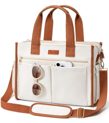 Canvas Tote Bag for Women, 15-Pockets Work Laptop Tote Purse Large Crossbody Nurse Teacher Bible Bag for School Travel Daily | with Strap & Zipper - color: M3.white & Brown, size: Medium-14inch