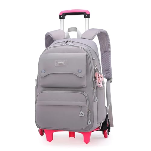 Solid Color Girls Rolling Backpack with Wheels Schoolbag Elementary School Student Trolley Daypack Outdoor Travel bag - color: A-grey- Six Wheels, size: 6 Wheels