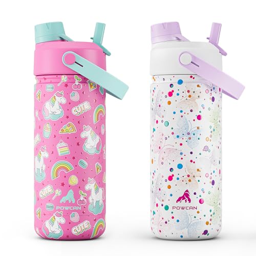 POWCAN 2 Pack 18 oz Kids Insulated Water Bottle for School: Leakproof, 2-in-1 Straw Spout Lid, BPA-Free, Keep Cold 24 Hrs, Stainless Steel Cup for Sports, Travel, Gift for Girls Boys Daughters Sons - color: Cute Unicorn & Dotty Butterfly, size: 18 oz (Pac
