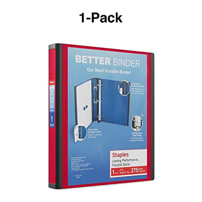 Staples Heavy-Duty 1-Inch D-Ring Binder, Red – 3-Ring Binder with Removable Spine Label, Durable Polypropylene for School & Office - color: Red, size: 1-Inch, style: 1 Pack
