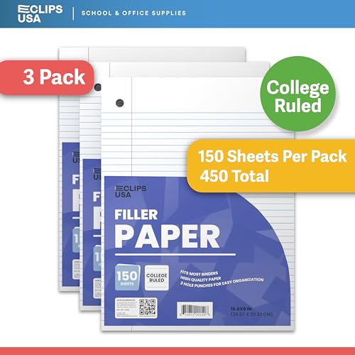 Loose Leaf Paper College Ruled Notebook Paper College Ruled Lined Writing Filler Paper 10.5” x 8” 450 Sheets 150 Sheets Per Pack 60 gsm (3 Pack) - size: 3 Pack