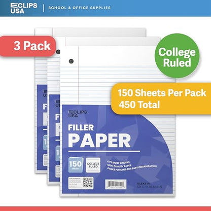 Loose Leaf Paper College Ruled Notebook Paper College Ruled Lined Writing Filler Paper 10.5” x 8” 450 Sheets 150 Sheets Per Pack 60 gsm (3 Pack) - size: 3 Pack