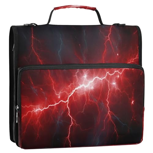 Red Lightning Zipper Binder 3 Ring with Shoulder Strap and Handle Multiple Pockets Expanding File Folder Organizer