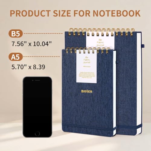 B5 Top Spiral Notebook, College Ruled Journal | Fabric Cover Steno Pads, Elastic Band & Pen Holder, 100GSM Thick Paper, 192 Lined Pages for School, Travel, Daily Writing - color: Dark Blue, size: B5-Steno Pads-192pages