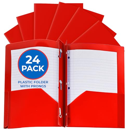 24 Pack Red Plastic Folders with Pockets Heavy Duty. 2 Pocket Folder with Prongs Bulk. Tear-Resistant Letter Size 8.5x11. Presentation Ready School and Office Supplies - color: Red, style: With Prongs