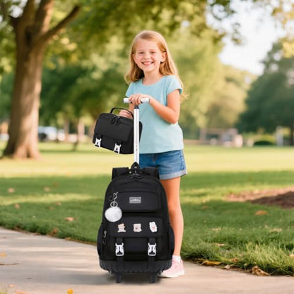 DIGOBAY 3-IN-1 Kids Rolling Backpack for Girls with Lunch Bag Pencil case, Black Kawaii Backpack with Wheels for Girls Roller School Bag with Wheels for Teen Elementary School Bookbags with Cute Pins - color: Black