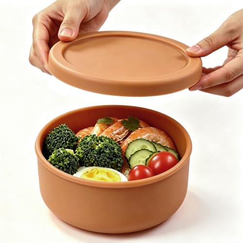 24 fl oz Adult Silicone Reusable Lunch Bento Bowl with Lid, Medium Airtight Food Storage Container for Cereal, Meal Prep & Leftovers, BPA Free, Microwave Fridge Dishwasher Safe (Brown 1 Pack) - color: Brown