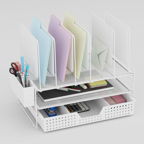 LEKETREE Desk Organizer, Office Organization with Vertical File Holder, File Organizer with Drawer and Pen Holder, Desk Accessories and Workspace Organizers for Home Office (White) - color: White