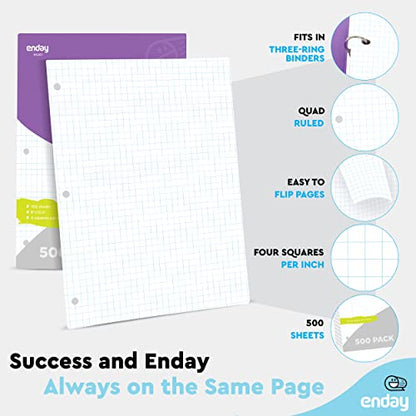 Graph Paper Loose Leaf Bulk, Quad Ruled Lined Filler Paper, Premium Quality Grid Paper, 3 Hole Punch Paper, Letter Size Writing Paper, 10.5 X 8 Inches, 500 Sheets - by Enday
