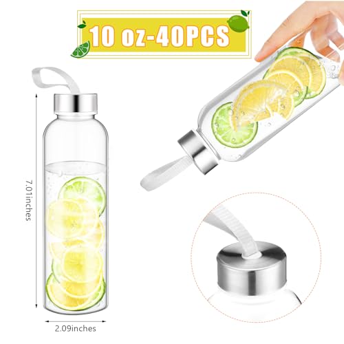 Zubebe 40 Pcs Reusable Water Bottles Bulk Clear Bottles with Stainless Steel Leak Proof Lids Acrylic Bottles with Nylon Carrying Strap Shaker Bottles for Water, Milk, Smoothie, Juice Beverage - size: 10 oz