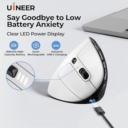Uineer Ergonomic Wireless Vertical Mouse, Tri-Mode Bluetooth 5.0/4.0 and 2.4G USB, Rechargeable Silent Computer Mouse for Laptop, MacBook, iPad and PC, 4 DPI Levels, LED Light, 3-Device Switching