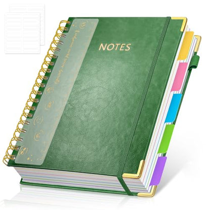 Hardcover Spiral Notebook Journal with Removable PVC Dividers - 8'' x 10'' Large 100 GSM Paper B5 Notebooks with Tabs, 300 Pages Leather 5 Subject Notebook College Ruled for Work School Notes, Green - color: Green