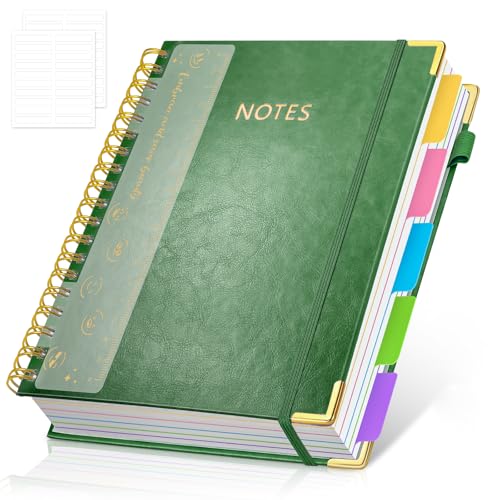 Hardcover Spiral Notebook Journal with Removable PVC Dividers - 8'' x 10'' Large 100 GSM Paper B5 Notebooks with Tabs, 300 Pages Leather 5 Subject Notebook College Ruled for Work School Notes, Green - color: Green