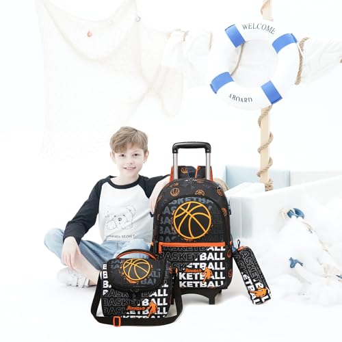 Backpack with Wheels for Boys Rolling Backpack with Lunch Box Pencil Case for Kids Carry On Suitcase with Wheels for Elementary Teens Boys - color: Basketball