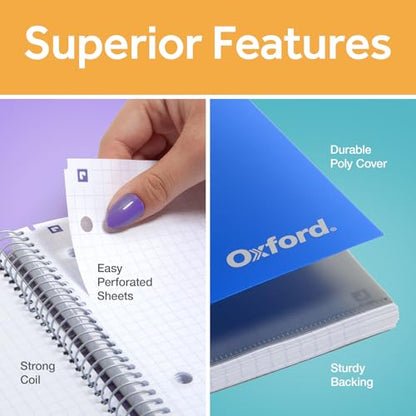 Oxford Spiral Notebook with Free Study App, 1 Subject, Graph Ruled, Ultra Smooth Paper, No Ink Bleed-Through, Strong Poly Blue Cover, Durable 2 Sided Pocket, 100 Easy Perforated 8.5" x 11" Sheets - color: Blue