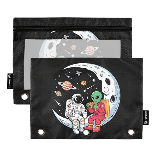Gredecor Binder Pencil Pouch 3 Ring Astronauts and Aliens Moon Zipper Pencil Pouches Case 2 Pack Clear Binder Organizer for School Office - color: Astronauts and Aliens Moon
