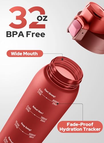 Opard Zip 32oz Plastic Water Bottle Dishwasher Safe, Leakproof Flip-Top Lid, BPA Free Tritan, Wide Mouth Reusable Sports Water Bottle for Gym Hiking Commuting Outdoor Travel and School - color: Cranberries Red, style: 32 Ounces