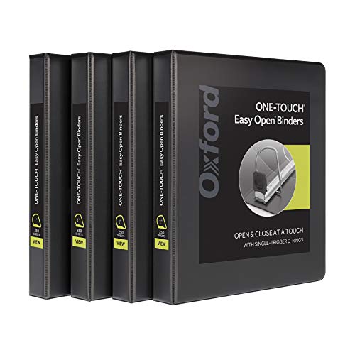 Oxford 3 Ring Binders, 1 inch ONE-Touch Easy Open D Rings, Durable Binders for School and Office, ClearVue, Xtralife Hinge, Non-Stick, PVC-Free, Black, Holds 250 Sheets, 4 PK (79903) - size: 1 Inch