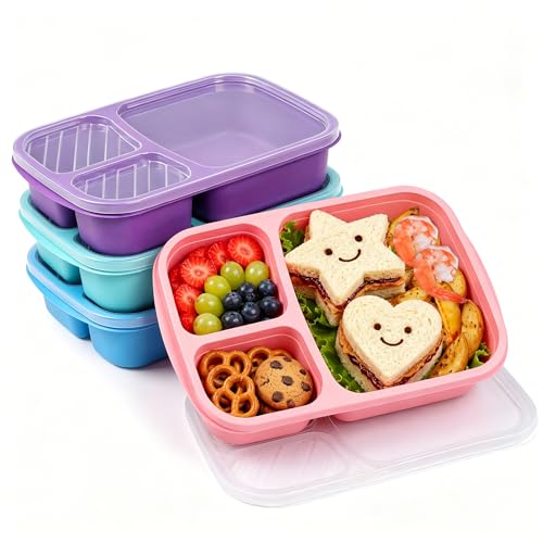 buluker 4 Pack Bento Lunch Box Set 3 Compartment Food Storage Containers Wheat Straw Meal Prep Lunch Box Plastic Food Storage Containers, Microwave and Dishwasher Safe (Vivid Colors) - color: 4 Pack(Vivid Colors）