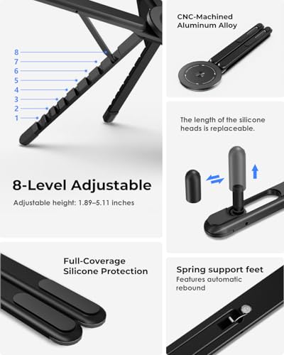 Viozon Portable Laptop Stand for Desk, Foldable Adjustable Computer Riser with Magnetic Phone Holder, Aluminum Laptop Stand for 10–16” Laptops & 4–13” Phones/Tablets (Black) - color: Black