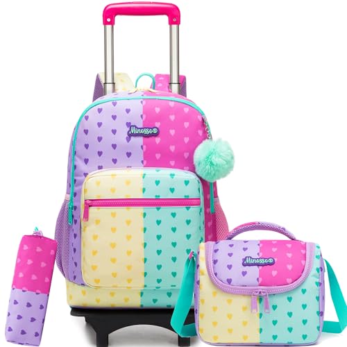 Girls Rolling Backpack with Wheels,Kids Backpack with Wheels Girls Large Capacity School Trolley Bookbag for Elementary Travel & Daily Use - color: Purple Pink Love