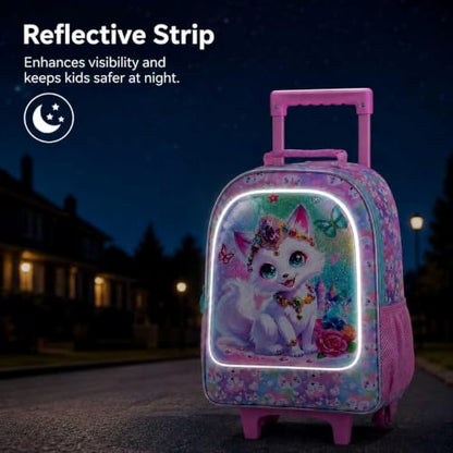 3Pcs Rolling Backpack for Girls, Fox Kids School Backpacks with Wheels, Roller Bookbag with Lunch Box for Elementary Preschool(White) - color: Fox Pink