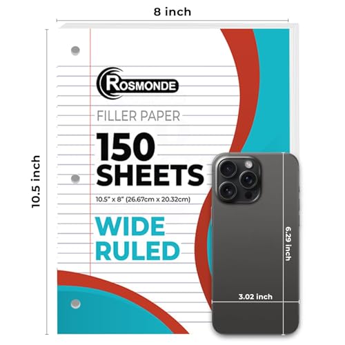 Rosmonde 24 Pack Wide Ruled Bulk, 3600 Sheets, Bulk Loose Leaf Paper | Bulk Office Filler Paper, 8" x 10.5", 150 Sheets/Pack, Bulk Notebook Paper, 3 Hole Punched, Wide Ruled Paper For Binder - color: Wide Ruled, size: 24 Pack (3600 Sheets)