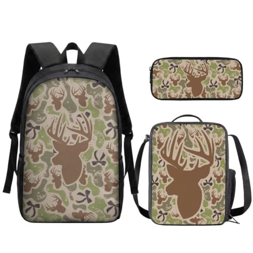 Camo Bow Deer Kids Backpack Set with Lunch Bag and Pencil Case | 17 Inch Backpack, Insulated Lunch Bag, Pencil Case, Lightweight Durable, Cute Pattern, for Elementary Middle High School - color: Camo Bow Deer