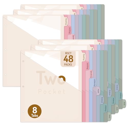 Forvencer 48 Count Dividers with 2 Pockets, 8 Tabs Binder Dividers for 3 Ring Binder, Binder Dividers with Tabs for School Office Organization, Multicolor, Letter Size, 6 Sets - color: Beige, size: 6 Sets