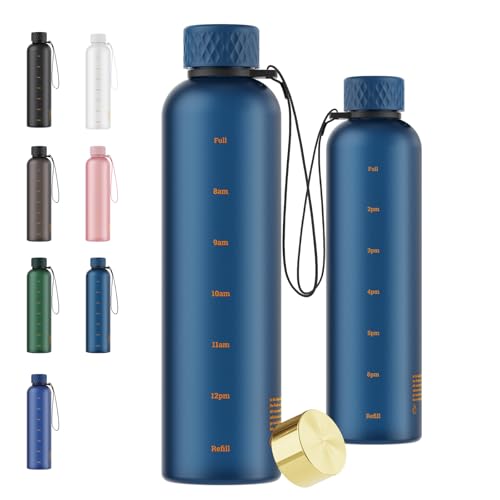 Sursip 32 oz Motivational Water Bottle with Time Marker, 1 Pack – Slim Tritan Water Bottles with Strap, Leakproof & Shatterproof Gym Bottles, Fits Cup Holder for Travel, School & Daily Hydration - color: Navy blue, size: 32 Ounces