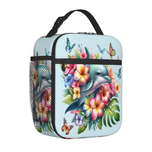 Dolphin Butterfly Flower Lunch Bag 10In | Insulated Lunch Box Reusable Tote Bag For Picnic Office For Women Men - color: Style 9