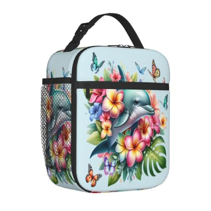 Dolphin Butterfly Flower Lunch Bag 10In | Insulated Lunch Box Reusable Tote Bag For Picnic Office For Women Men - color: Style 9