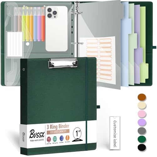 1 Inch 3 Ring Linen Binder Organizer, BVSSX Three Ring Binders with Clipboard, Plastic Folder, 5-Tabs Pocket Dividers with Sticker Labels, Pen Loop, Elastic Strap (Green,Letter Size) - color: 03-green, size: 1in（Letter Size）