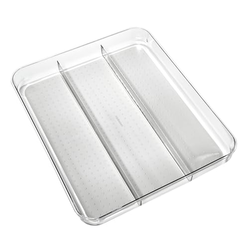 madesmart Premium 3 Compartment Clear Drawer Organizer, Multi-Purpose Storage with Soft Grip Lining & Non Slip Base, Grey - color: Clear/Gray