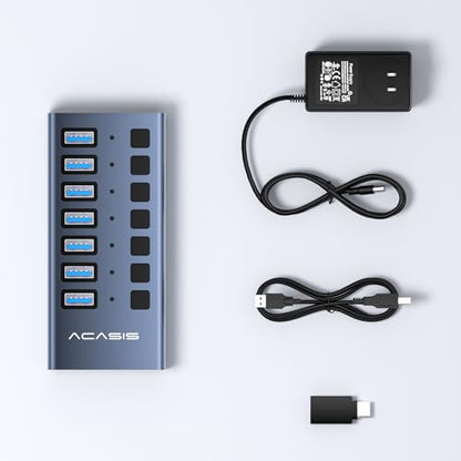 Powered USB 3.2 Hub, ACASIS 7 Ports USB 3.2 Hub with 10Gbps Data Speed, Aluminum Housing, USB Hub Powered with 24W Power Adapter, USB Hub for PC/Laptop, Computer, Flash Drive, Printer, Camera - size: 7 ports