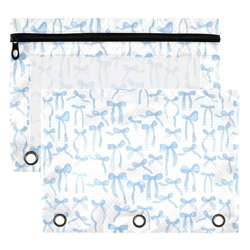 Wamika Bowknot Blue White Binder Pouches 3 Ring for Boys Girls School Office College Supplies Bow Ribbon Tie Pencil Pouches Case Bag with Clear Window and Zipper 2 pack - color: Blue bow