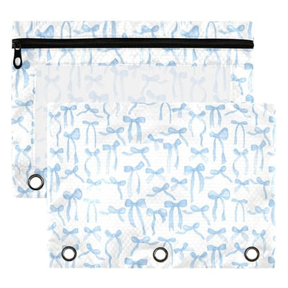 Wamika Bowknot Blue White Binder Pouches 3 Ring for Boys Girls School Office College Supplies Bow Ribbon Tie Pencil Pouches Case Bag with Clear Window and Zipper 2 pack - color: Blue bow